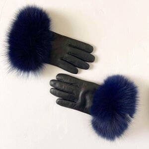 DANIER GENUINE LEATHER GLOVES FOX REAL FUR TRIM CASHMERE WOOL LINED BUTTER SOFT